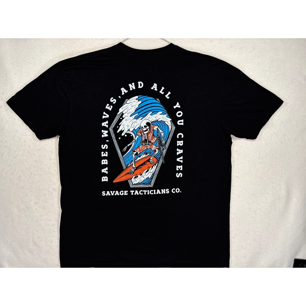 Savage Tacticians Mens XL Black T-Shirt Babes Waves Skeleton Surfing Graphic